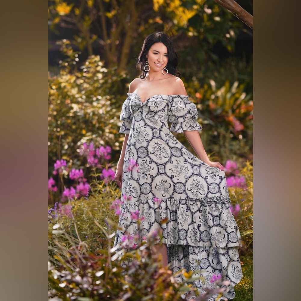 Andres Otalora Raquira Off-Shoulder Floral Tile Maxi Dress Blue White Size 4 - Picture 9 of 12